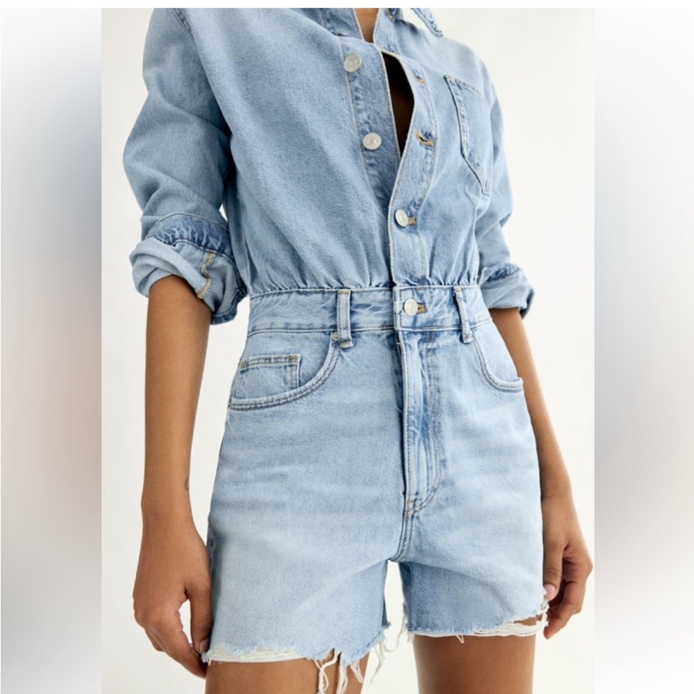 NWT Zara Short Denim Jean Jumpsuit Romper Size L